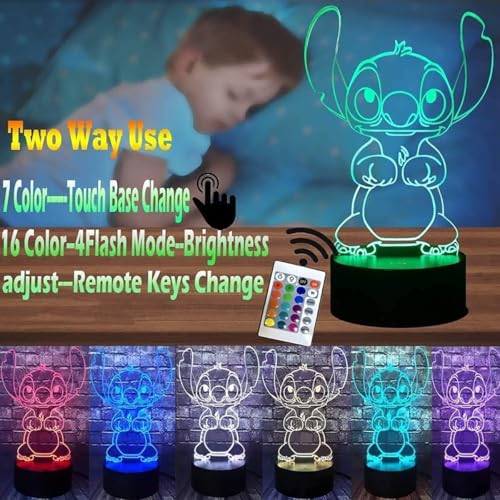 3D Illusion LED Night Light with Remote Control, 16-Color Kids Room Lamp