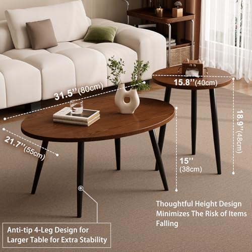 2-Piece Nesting Coffee Table Set, Mid-Century Modern Walnut Oval Tables