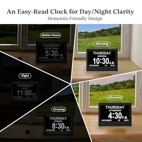 Flyruit 7'' Black Dementia Clock for Seniors Large Display Digital Calendar