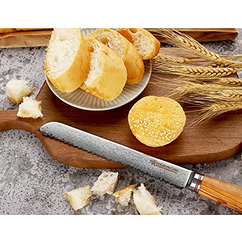 8-Inch Japanese Damascus Steel Serrated Bread Knife with Olive Wood Handle