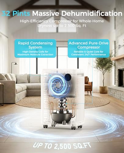 32 Pint Dehumidifier for Basement with Drain Hose & 24H Timer