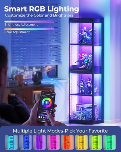 4-Tier Glass Display Cabinet with RGB Lights and Pop-Up Doors