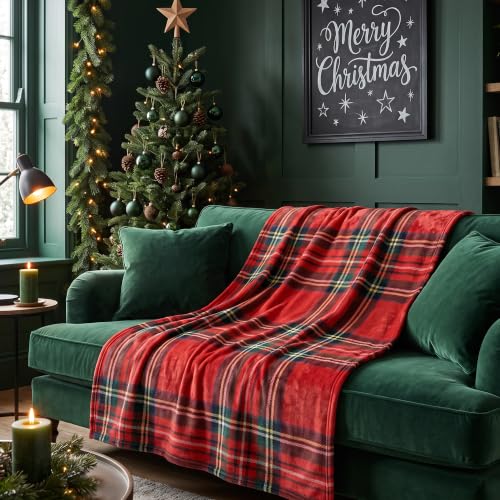 Christmas Fleece Blanket Holiday Throw 50x60 Red Tartan for Sofa Bed Home Decor