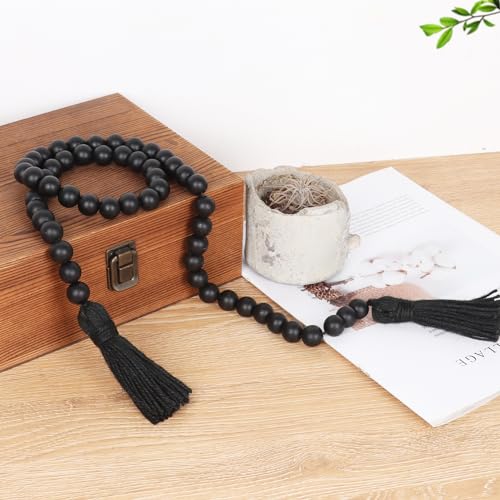 39-Inch Black Wood Bead Garland with Tassels, Rustic Farmhouse Decor