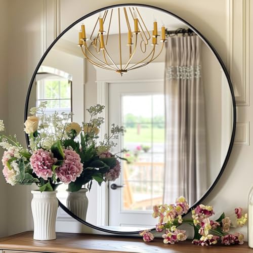 30-Inch Round Wall Mirror with Matte Black Metal Frame for Bathroom Vanity
