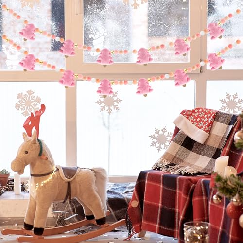 Whaline Pink Christmas Felt Garland Banner with Pom Balls – 2.5m Holiday Wall Decor