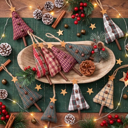 Blueweenly 12-Piece Primitive Plaid Christmas Ornaments – Fabric Tree Decor Set
