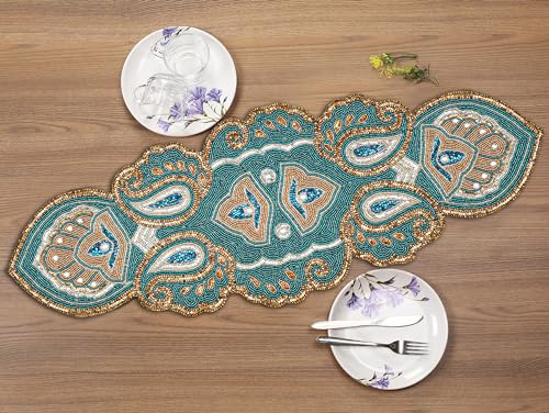 Lightnpro Teal Gold Beaded Paisley Table Runner 13x36 Christmas Decor