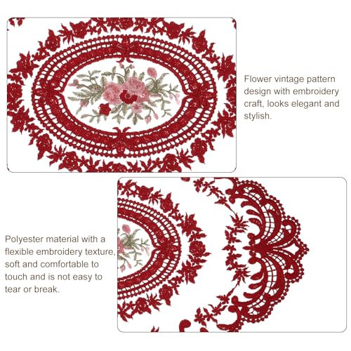 Dark Red Retro Lace Placemat 12x16 Inch Oval Embroidered Table Mat for Home & Wedding