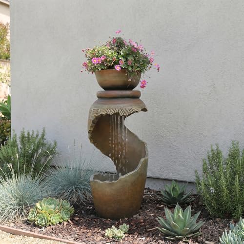Modern Spiral Tiered Outdoor Water Fountain with LED Light & Planter