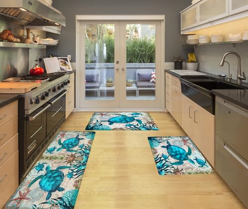 3-Piece Sea Turtle Kitchen Rug Set, Anti-Fatigue Cushioned Floor Mats
