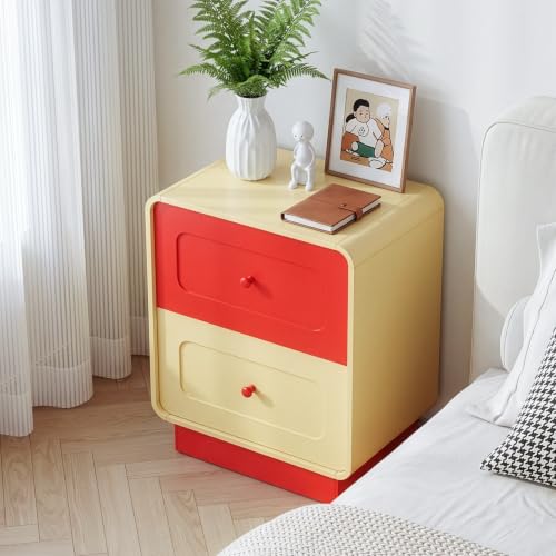 2-Drawer Kids Nightstand with Curved Edges, Red and Yellow Wooden Bedside Table