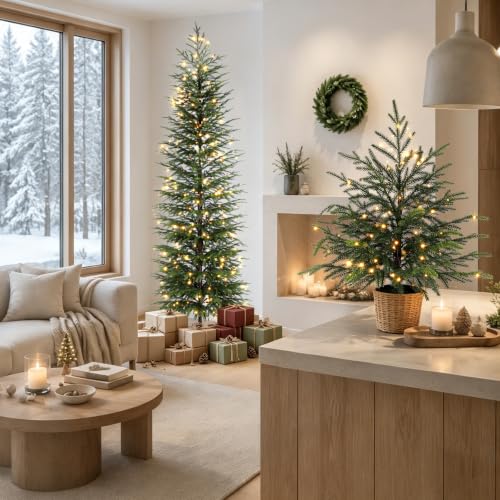 Enven 6ft Prelit Norfolk Pine Christmas Tree with 170 LED Lights, Real-Touch PE Foliage, Heavy-Duty Base, 8 Modes – Family & Pet Friendly (Variation: 6ft Prelit)