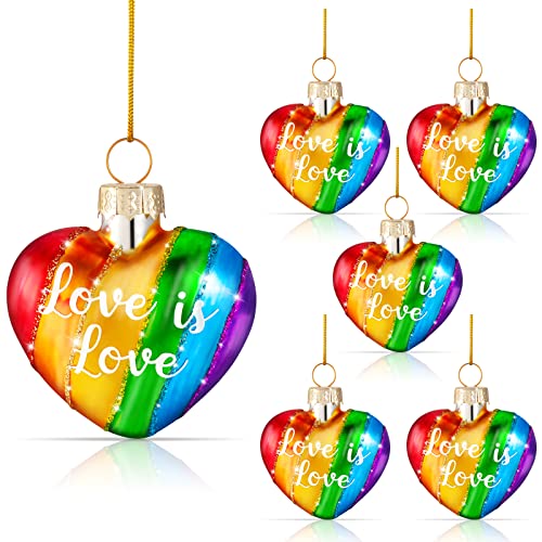 Cunhill Rainbow Heart Christmas Ornaments, Set of 6, Glass Holiday Decor