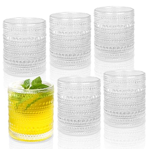 JPPSUJJ Clear 10 oz Vintage Beaded Cocktail Glasses Set of 6 - Textured Bubble Drinking Glassware