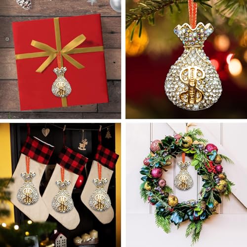 HEINSHEN Mini Money Bag Christmas Ornament with Rhinestones, Metal Holiday Decor