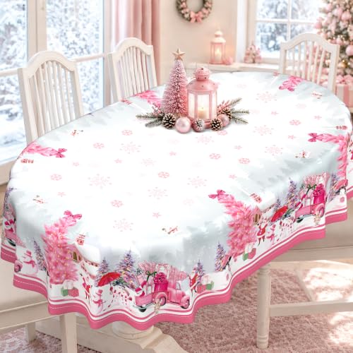 Pink Christmas Oval Tablecloth 60x120 Inches with Snowman Santa Truck Decor