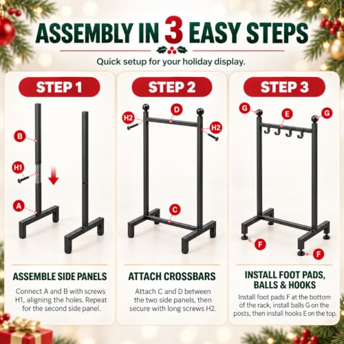Christmas Stocking Holder Stand with 4 Hooks, Freestanding Metal Rack, 42 Inch Tall