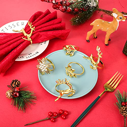 Patelai 6Pcs Christmas Napkin Rings Set Elk Leaf Snowflake Gold - 2 Each Style