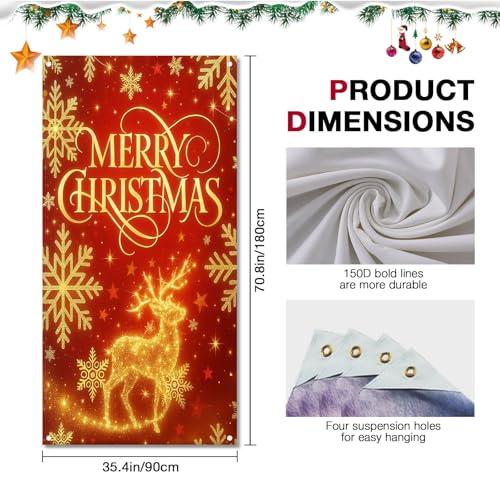 Golden Reindeer Christmas Door Cover 71x35 Inch Winter Holiday Banner for Front Porch, Indoor & Outdoor Decor