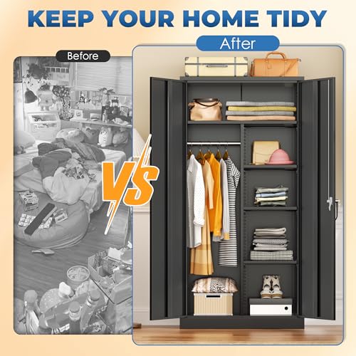 72-inch Metal Wardrobe Cabinet with Lock, Adjustable Shelves and Hanging Rod