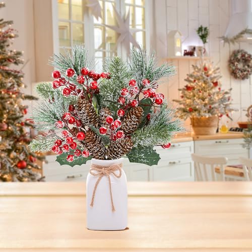 Sggvecsy 6 Pack Frosted Christmas Red Berry Pine Branches with Pine Cones - Green Variant