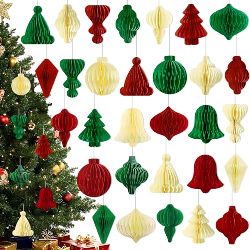 Renbuzhu Classic 30pcs Christmas Honeycomb Ornaments Set - Red Green Cream, 3.9in Hanging Decor