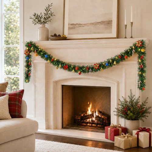 Wehhbtye Green Christmas Garland 300ft with Red & Gold Ornaments, Holiday Decor