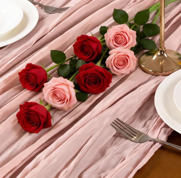 Jimtx Dusty Pink Table Runner 3pcs Boho Gauze Easter Cheesecloth Table Runner 22×120 inches 10FT Spring Home Decor for Wedding Baby Bridal Shower Birthday Party Ceremony