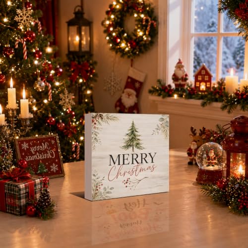 Farmhouse Christmas Decor Merry Christmas Wooden Sign with Tree Design