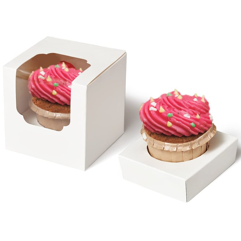 Happyhiram Cupcake Boxes 200 Pcs Bulk white Individual Cupcake Box, Single Cupcake Containers Paper Holders with Inserts and Window for Muffins Cocoa Bombs Packaging Togo Boxes