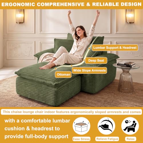 Oversized Corduroy Chaise Lounge Sofa with Ottoman and 3 Pillows