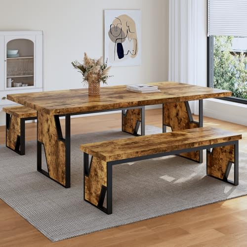 70.8" Modern Wooden Dining Table Set with 2 Benches for 6-8 People