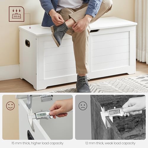 Farmhouse Storage Bench with Safety Hinges, Cloud White Entryway Trunk