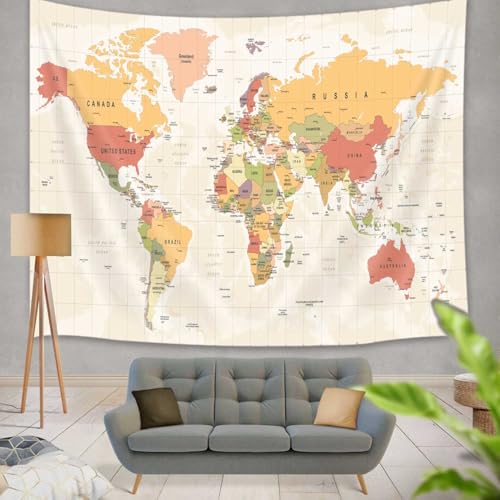 World Map Wall Tapestry - Countries & Cities Educational Decor, 60x40 Inches