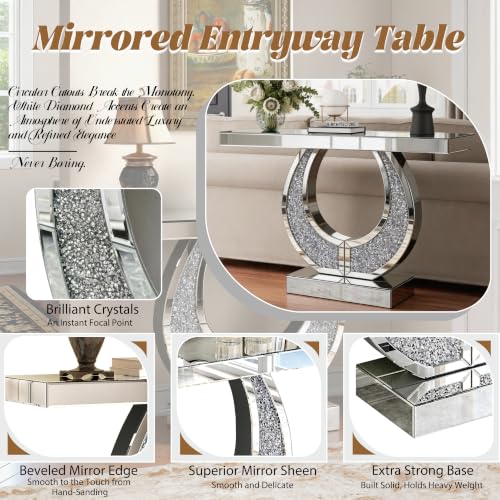 45-Inch Mirrored Console Table and Round Wall Mirror Set with Crushed Diamond