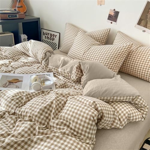 Brown Gingham Queen Duvet Cover Set - Soft Washed Microfiber Bedding