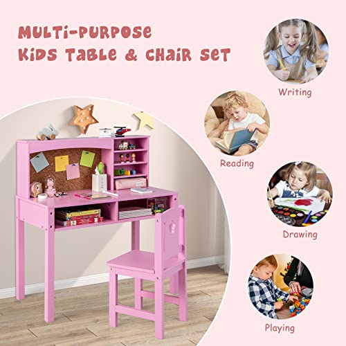 Kids Study Desk and Chair Set with Storage Hutch and Bulletin Board - Pink