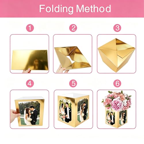 Gold 24-Piece Photo Centerpieces for Tables - Foldable 4-Sided Cardstock Boxes (4x6/5x7) with Hollow Center for Flowers - KANAZAY