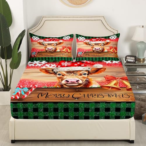 Manfei Christmas Cattle Queen Bedding Set with Flat Sheet & Pillowcases, 60x80 Deep Pocket Fitted, Brown-Red-Green
