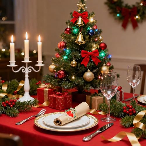 FEKIDO Christmas Jingle Bell Napkin Rings Set of 6 - Festive Red Metal with Green Ribbon for Holiday Table Decor