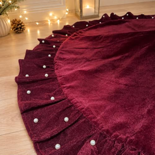 AtiMing 150 cm Red Velvet Christmas Tree Skirt with Ruffled Edge and Pearls (Red with Small Pearls) 60-inch