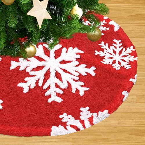 Red 24 Inch Faux Fur Snowflake Christmas Tree Skirt - Indoor Outdoor Holiday Decor