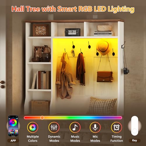 Farmhouse Hall Tree with Bench, Storage Drawers, LED Lights, and Coat Hooks