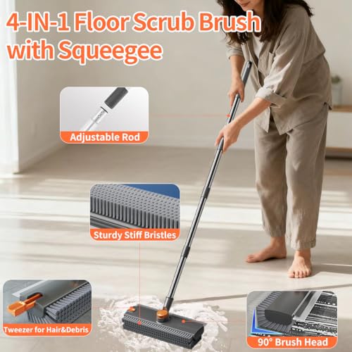 3-in-1 Heavy Duty Floor Scrub Brush with Squeegee & Long Handle