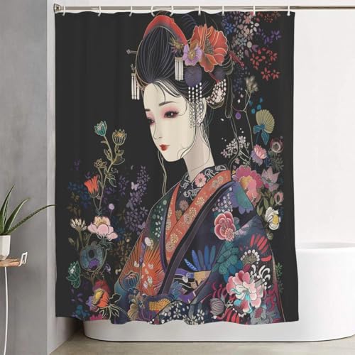 Japanese Geisha 4-Piece Bathroom Decor Set with Shower Curtain & Rugs