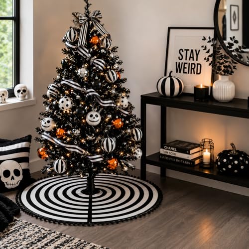 30-Inch Black and White Christmas Tree Skirt with Pom Pom Trim