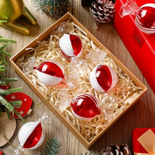 6 Pack Christmas Candy Ball Glass Ornaments - Red and White, 3.15 Inch Holiday Decor