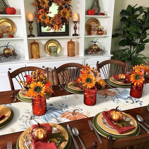 Fall Table Runner 13x36 Inch with Pumpkin Orange & Blue Eucalyptus - Autumn Thanksgiving Decor