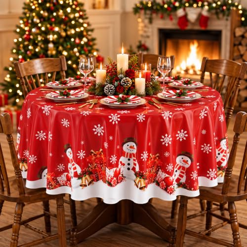 LemonRoad 6 Pcs 84" Red Christmas Round Tablecloths with Snowman - Disposable Holiday Party Linens